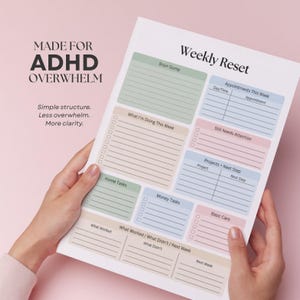 Pode incluir: Um papel branco intitulado "Weekly Reset" com se&ccedil;&otilde;es para planejamento, incluindo "Brain Dump", "Appointments" e "Projects". O papel foi projetado para ajudar a gerenciar tarefas e reduzir a sobrecarga. O texto no papel diz "Made for ADHD Overwhelm."