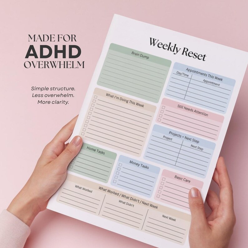 Pode incluir: Um papel branco intitulado "Weekly Reset" com se&ccedil;&otilde;es para planejamento, incluindo "Brain Dump", "Appointments" e "Projects". O papel foi projetado para ajudar a gerenciar tarefas e reduzir a sobrecarga. O texto no papel diz "Made for ADHD Overwhelm."