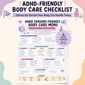 Może przedstawiać: Drukowalna lista kontrolna do pielęgnacji ciała przyjazna dla osób z ADHD, zawierająca sekcje dotyczące barier sensorycznych, codziennych wersji, kroków przygotowawczych i osiągnięć, ozdobiona pastelowymi ikonami pryszniców i mydła.
