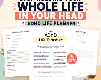 ADHD Life Planner Fillable PDF, Printable ADHD Planner for Adults, Daily Brain Dump, Weekly Reset, Goals, Budget, Sleep, Wellness, Self Care