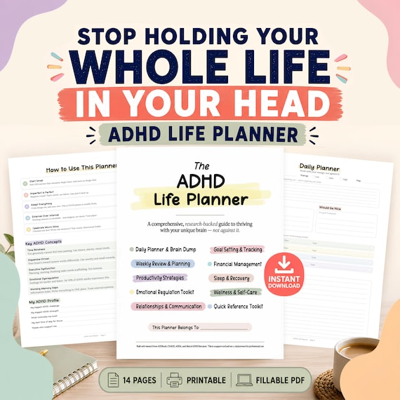 ADHD Life Planner Fillable PDF, Printable ADHD Planner for Adults, Daily Brain Dump, Weekly Reset, Goals, Budget, Sleep, Wellness, Self Care