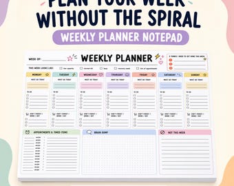 May include: Weekly planner notepad with a colorful design. The notepad features sections for each day of the week, including to-do lists, appointments, and a brain dump area. The notepad has 50 tear-off sheets.