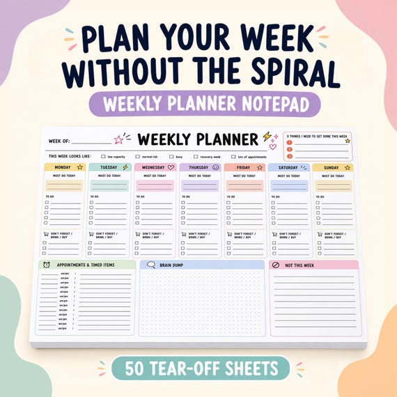ADHD Weekly Planner Notepad, Undated Tear Off Desk Pad for Neurodivergent Adults, Weekly To Do List Brain Dump and Appointment Tracker