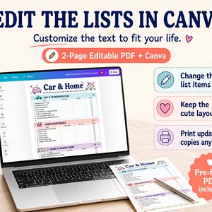 Pode incluir: Um laptop exibe um modelo de lista de verifica&ccedil;&atilde;o "Carro e Casa" com se&ccedil;&otilde;es para manuten&ccedil;&atilde;o de carro e casa. O texto "Edite as listas no Canva" e "Personalize o texto para se adequar &agrave; sua vida" est&atilde;o no topo. Um PDF pr&eacute;-preenchido est&aacute; inclu&iacute;do.