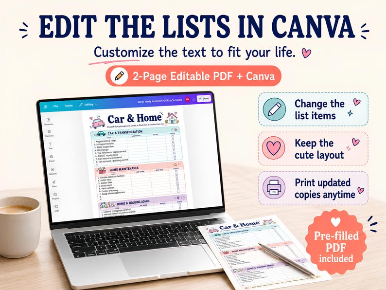 Pode incluir: Um laptop exibe um modelo de lista de verifica&ccedil;&atilde;o "Carro e Casa" com se&ccedil;&otilde;es para manuten&ccedil;&atilde;o de carro e casa. O texto "Edite as listas no Canva" e "Personalize o texto para se adequar &agrave; sua vida" est&atilde;o no topo. Um PDF pr&eacute;-preenchido est&aacute; inclu&iacute;do.