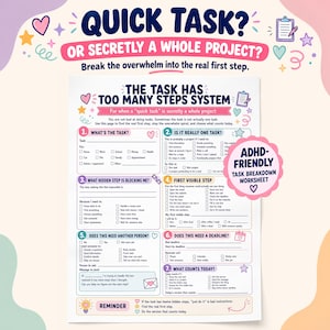 Puede incluir: Una hoja de trabajo blanca titulada The Task Has Too Many Steps System con siete secciones numeradas para desglosar tareas. Incluye casillas de verificación, líneas para escribir e iconos coloridos como corazones y estrellas, con una etiqueta rosa ADHD-Friendly Task Breakdown Worksheet.