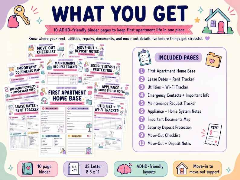 First Apartment Checklist, New Renter Organizer PDF, Apartment Moving Planner, Rent Tracker, Utilities, Maintenance Log, Security Deposit image 4