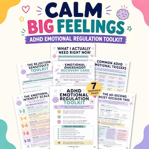 Puede incluir: Un kit de herramientas de regulación emocional para TDAH de siete páginas titulado Calm Big Feelings. Las páginas incluyen The Rejection Sensitivity Toolkit, Emotional Overshoot Recovery Card, Common ADHD Emotional Triggers, The Emotional Intensity Scale y The 60-Second Reset Decision Tree con texto e iconos coloridos.