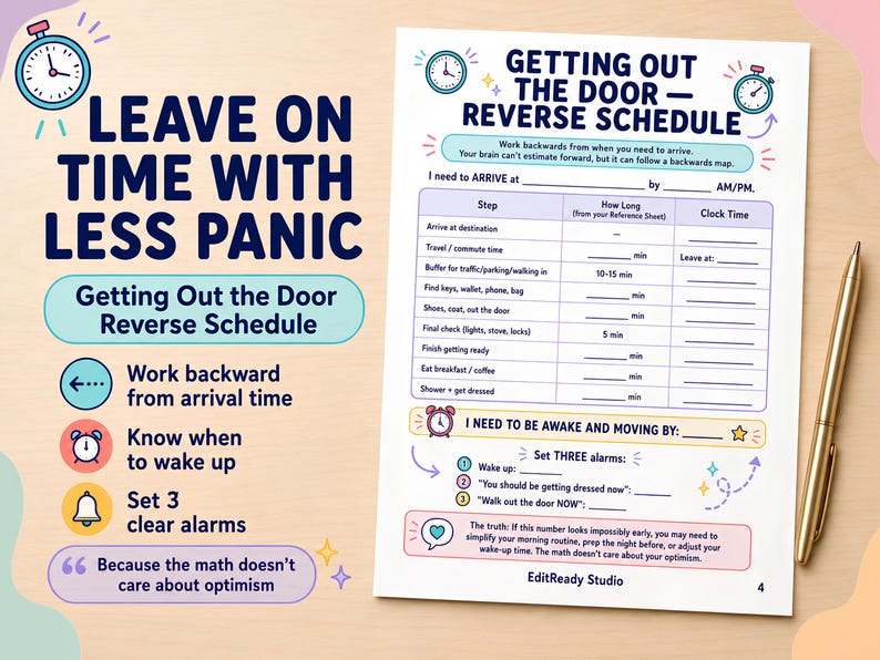 May include: A printable reverse schedule planner titled Getting Out The Door with a table for calculating departure times. The document features blue, pink, and yellow accents, clock icons, and text prompts for arrival times, morning routines, and alarm settings.