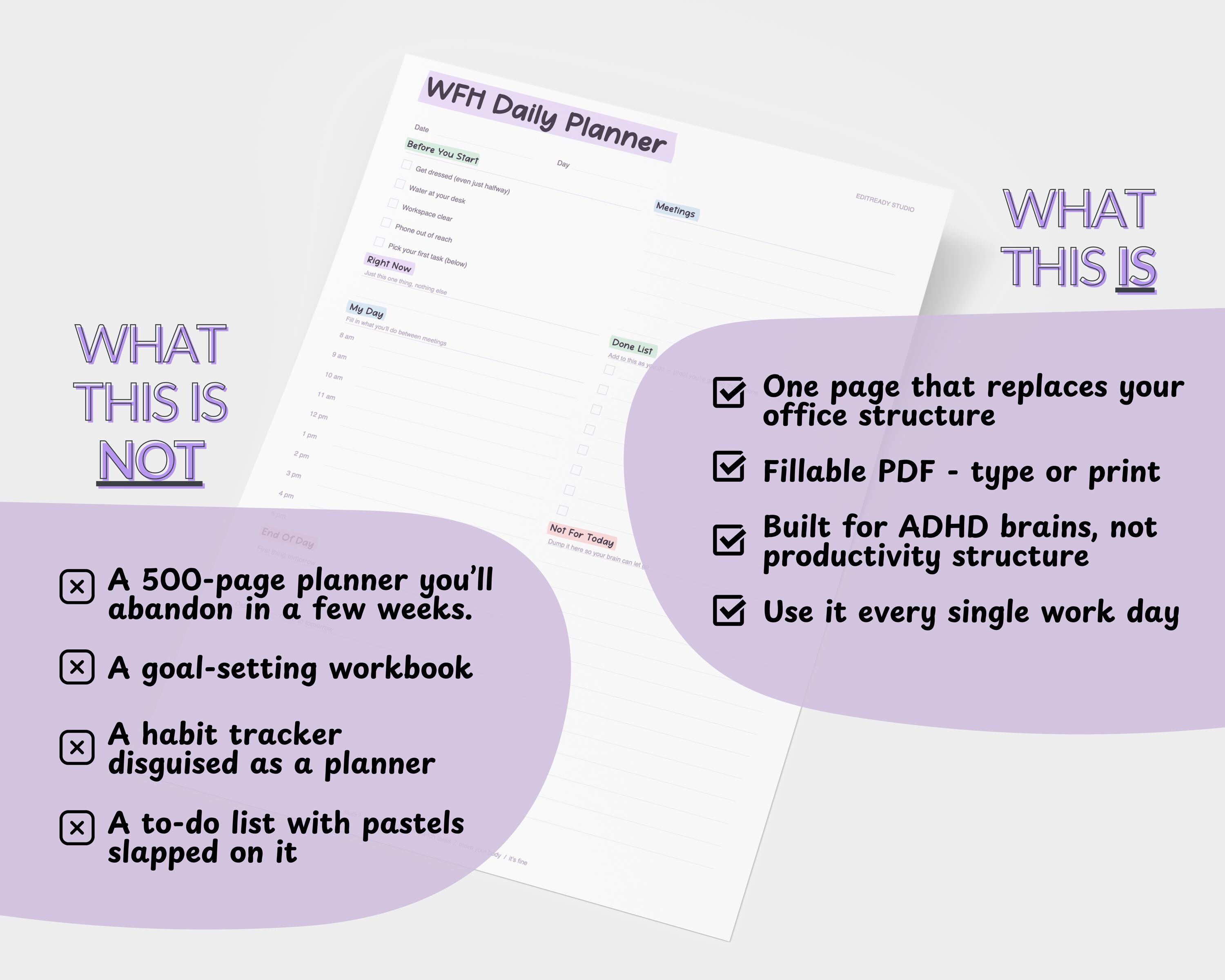 ADHD Work Day Planner Printable, Working From Home Planner, Manage ...