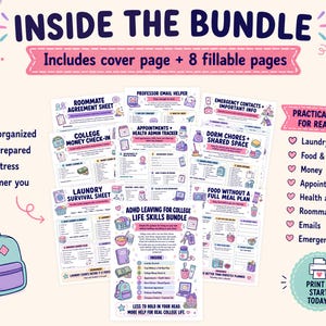 May include: A digital bundle of printable life skills sheets for college students, featuring a cover page and eight fillable pages including a roommate agreement, laundry survival sheet, money check-in, and health admin tracker with colorful icons.