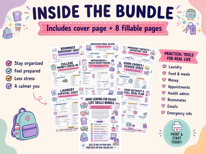 May include: A digital bundle of printable life skills sheets for college students, featuring a cover page and eight fillable pages including a roommate agreement, laundry survival sheet, money check-in, and health admin tracker with colorful icons.