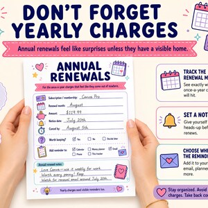 May include: A printable US Letter 8.5 x 11 inch annual renewal tracker sheet featuring sections for subscription names, renewal months, amounts, notice dates, and cancellation deadlines. The document includes checkboxes for reminders and space for notes, decorated with colorful icons.