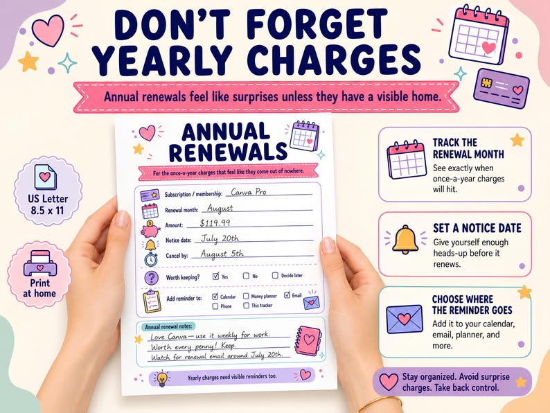 May include: A printable US Letter 8.5 x 11 inch annual renewal tracker sheet featuring sections for subscription names, renewal months, amounts, notice dates, and cancellation deadlines. The document includes checkboxes for reminders and space for notes, decorated with colorful icons.