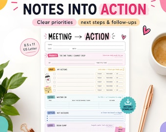Meeting Action Items Planner, Meeting Notes Worksheet, Follow Up Tracker, Decision Log, ADHD Work Meeting PDF