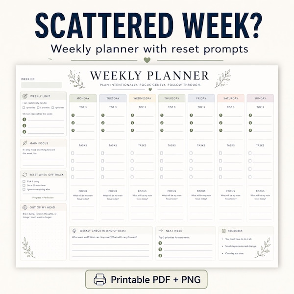 Weekly Planner Printable PDF + PNG, Minimalist Weekly Schedule, GoodNotes Digital Planner, Productivity Planner, Instant Download