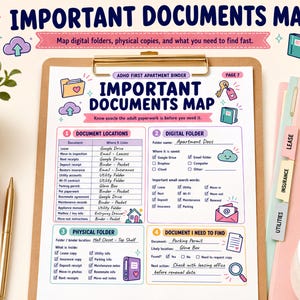 May include: A printed document titled Important Documents Map on a clipboard, featuring sections for document locations, digital folders, physical folders, and items to find. The page includes checkboxes, icons, and handwritten text fields for organizing apartment paperwork.