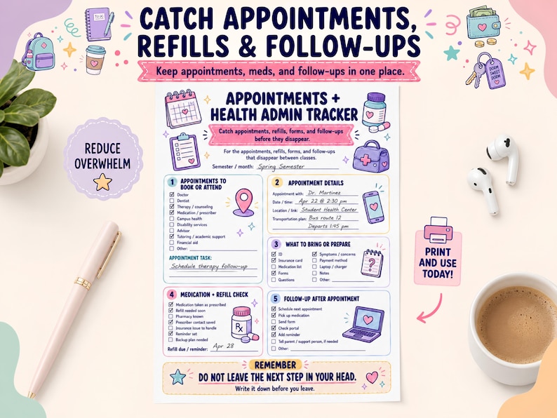 May include: A white paper health admin tracker with blue and pink accents, featuring sections for appointments, medication, and follow-ups. The text includes 'CATCH APPOINTMENTS, REFILLS & FOLLOW-UPS', 'APPOINTMENTS + HEALTH ADMIN TRACKER', and 'DO NOT LEAVE THE NEXT STEP IN YOUR HEAD'.