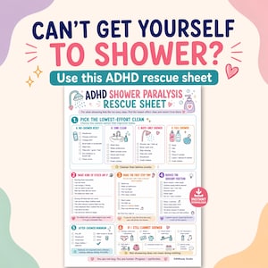 Puede incluir: Una hoja informativa blanca titulada ADHD SHOWER PARALYSIS RESCUE SHEET con iconos y texto coloridos. Presenta seis secciones numeradas con listas de verificación para gestionar tareas de higiene, incluyendo pasos para la limpieza y reducción sensorial.