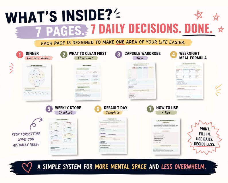 May include: A planner with the text "WHAT'S INSIDE? 7 PAGES. 7 DAILY DECISIONS. DONE." The planner includes sections for dinner, cleaning, wardrobe, meal planning, shopping, daily templates, and tips. The text "A SIMPLE SYSTEM FOR MORE MENTAL SPACE AND LESS OVERWHELM" is also included.