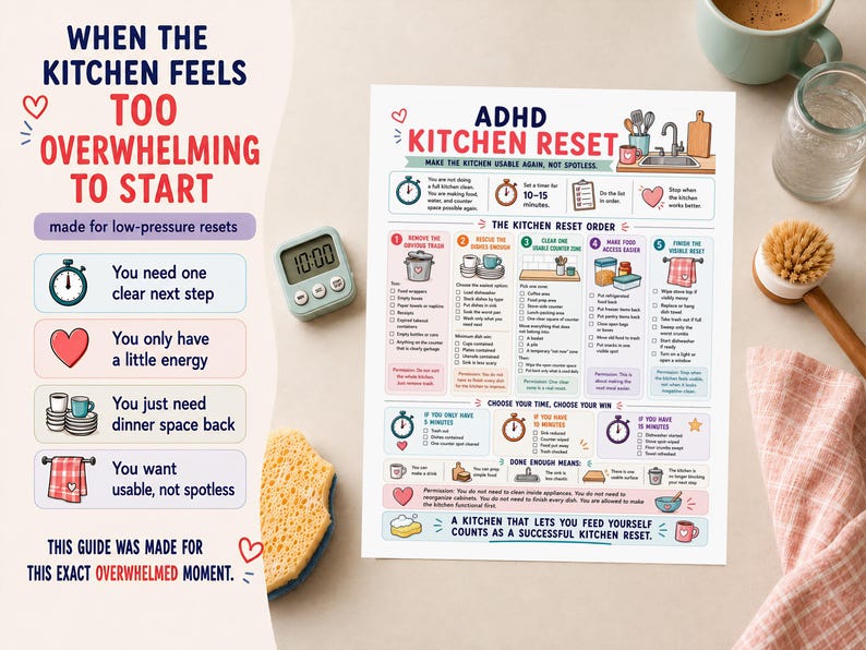 May include: A printed kitchen reset guide with the text "ADHD Kitchen Reset" and "When the Kitchen Feels Too Overwhelming to Start." Includes a timer, sponge, and a cup of coffee. The guide offers steps for kitchen organization.