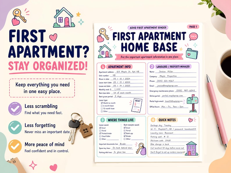 May include: A printable ADHD first apartment binder page titled First Apartment Home Base with sections for apartment info, landlord details, where things live, and quick notes. The document features colorful icons of keys, houses, and mailboxes with text.