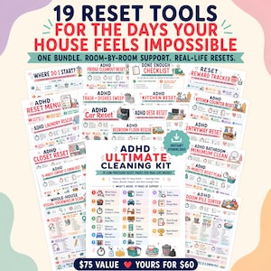 May include: A digital collection of 19 printable reset tools for home organisation, featuring colourful charts, checklists, and guides titled ADHD Ultimate Cleaning Kit. The pages include room-by-room cleaning plans, trackers, and visual scans.