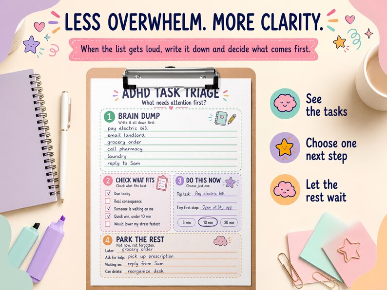 May include: An ADHD task triage planner sheet on a clipboard with sections for brain dump, check what fits, do this now, and park the rest. The text reads: Less overwhelm. More clarity. When the list gets loud, write it down and decide what comes first.
