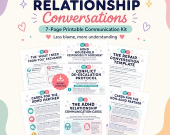 ADHD Relationship Help, Couples Communication Worksheet, ADHD Partner Workbook, Household Responsibility Chart, Conflict Repair 7 page PDF