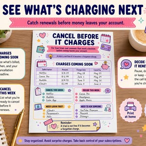 May include: A white subscription tracker sheet with colorful headers and icons. It features sections for charges coming soon, weekly cancellation lists, and login reminders. The text includes 'CANCEL BEFORE IT CHARGES' and 'US Letter 8.5 x 11'.