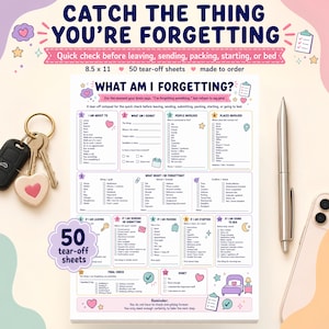 May include: A white paper notepad titled "WHAT AM I FORGETTING?" with 50 tear-off sheets measuring 21.6 x 27.9 cm. The page features numbered sections with checklists and fill-in-the-blank lines for organising tasks, people, places, and items before leaving or packing.