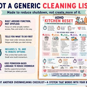 May include: A colorful cleaning checklist titled "NOT A GENERIC CLEANING LIST" with the text "ADHD KITCHEN RESET." The checklist includes sections on function, time options, and permission-based language. It features a heart, a clipboard, and a timer icon.