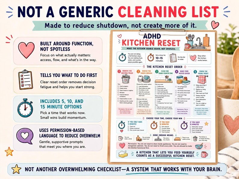 May include: A colorful cleaning checklist titled "NOT A GENERIC CLEANING LIST" with the text "ADHD KITCHEN RESET." The checklist includes sections on function, time options, and permission-based language. It features a heart, a clipboard, and a timer icon.