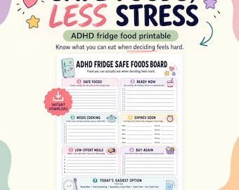 ADHD Safe Foods List, Fridge Food Tracker, Low Effort Meals, What to Eat When You Can’t Decide, Grocery Reminder Printable PDF, Meal Planner