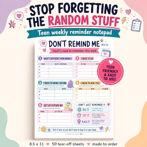May include: A weekly reminder notepad measuring 8.5 by 11 inches with 50 tear-off sheets. The page features colorful sections titled Don't Remind Me, What's Different From Normal, I Need To Do, I Need To Bring/Return, I Need To Ask/Tell, and Set Up Future Me.