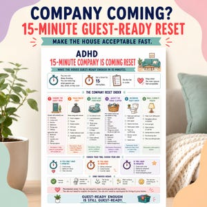 Könnte beinhalten: Ein weißes Informationsplakat mit dem Titel ADHD 15-Minute Company Is Coming Reset, das eine Schritt-für-Schritt-Anleitung zum Aufräumen enthält. Es umfasst Symbole, Checklisten und Textanweisungen für einen 15-minütigen Haus-Reset.