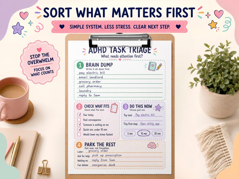 May include: A clipboard featuring an ADHD task triage printable with sections for brain dump, checking what fits, doing tasks now, and parking the rest. The document includes text like SORT WHAT MATTERS FIRST and STOP THE OVERWHELM.