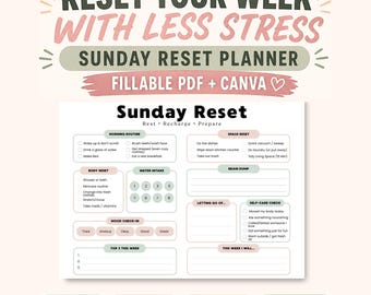Sunday Reset Planner Template, Weekly Reset Routine Printable, Editable Canva Self Care Planner, Fillable PDF + PNG
