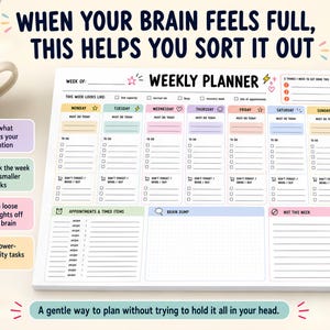 K&ouml;nnte beinhalten: Ein Wochenplaner-Notizblock mit farbigen Abschnitten f&uuml;r jeden Tag und einem Bereich f&uuml;r "Brain Dump". Der Notizblock enth&auml;lt den Text "When your brain feels full, this helps you sort it out."