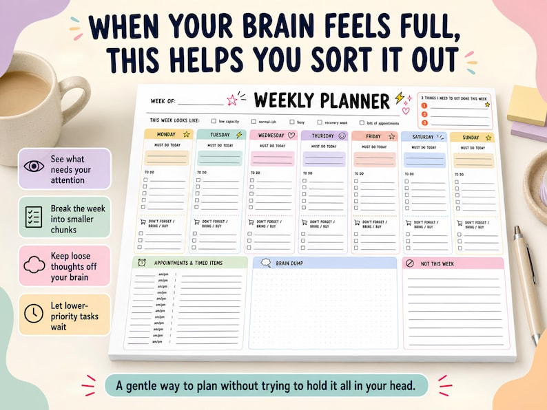 K&ouml;nnte beinhalten: Ein Wochenplaner-Notizblock mit farbigen Abschnitten f&uuml;r jeden Tag und einem Bereich f&uuml;r "Brain Dump". Der Notizblock enth&auml;lt den Text "When your brain feels full, this helps you sort it out."