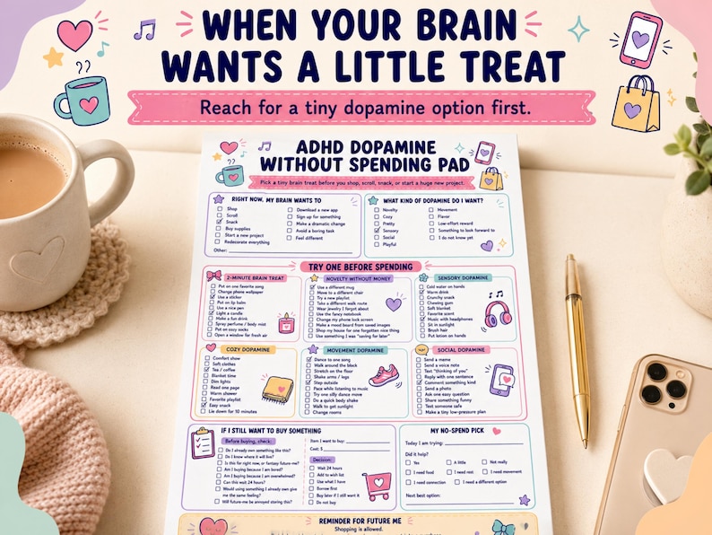 May include: A white paper notepad titled ADHD Dopamine Without Spending Pad with colorful pastel illustrations of hearts, music notes, and icons. The page features checklists and text boxes for tracking dopamine-seeking behaviors and spending habits.