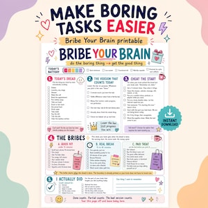 ADHD Task Motivation PDF Printable, Bribe Your Brain Reward System, Dopamine Menu, Executive Dysfunction Tool, Procrastination Chore Chart