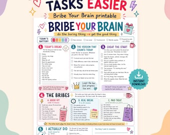 ADHD Task Motivation PDF Printable, Bribe Your Brain Reward System, Dopamine Menu, Executive Dysfunction Tool, Procrastination Chore Chart