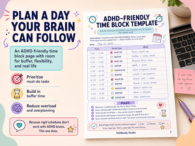 May include: A white ADHD-friendly time block template paper with blue, red, yellow, and green text and icons. The document features a daily schedule table, a rules section, and a date field filled with May 12, 2025. The layout includes instructional text.