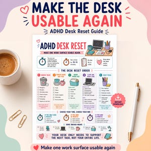 Könnte beinhalten: Ein ADHD Desk Reset Guide Infografik-Dokument mit einer Schritt-für-Schritt-Checkliste zur Organisation eines Arbeitsplatzes. Das Dokument enthält Abschnitte mit den Titeln Make One Work Surface Usable Again, The Desk Reset Order und Choose Your Time, Choose Your Win.