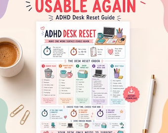 ADHD Desk Cleaning Checklist, Desk Reset Printable, Paper Pile Help, Workspace Organization, Executive Dysfunction Cleaning PDF