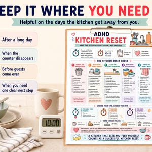 May include: A kitchen organization guide titled "KEEP IT WHERE YOU NEED IT" with the text "ADHD KITCHEN RESET." The image includes a timer, a mug with a heart, and a bowl. The guide offers steps for kitchen cleanup.