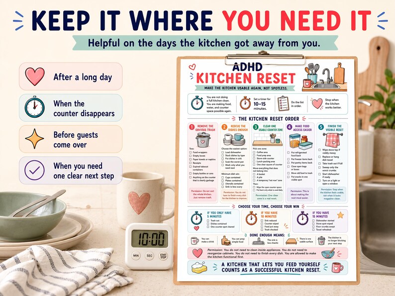 May include: A kitchen organization guide titled "KEEP IT WHERE YOU NEED IT" with the text "ADHD KITCHEN RESET." The image includes a timer, a mug with a heart, and a bowl. The guide offers steps for kitchen cleanup.