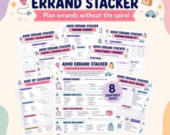 May include: A set of eight printable ADHD Errand Stacker planning pages featuring sections for sorting errands by location, tracking grocery lists, managing returns, and building routes with checkboxes, lines for notes, and colorful icons.