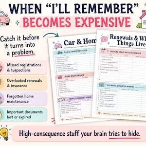Pode incluir: Um planejador com o texto "Quando eu me lembrar, fica caro". O planejador inclui se&ccedil;&otilde;es para manuten&ccedil;&atilde;o de carro e casa, renova&ccedil;&otilde;es e documentos importantes. A imagem tem um esquema de cores rosa e branco.